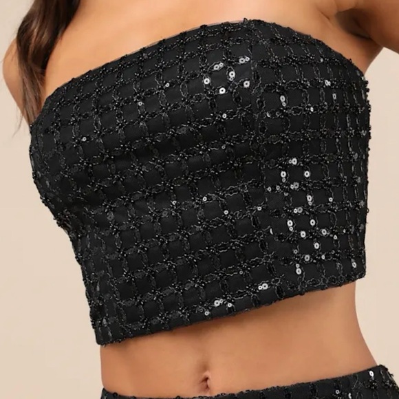 LULUS Black Sequin Beaded Strapless Crop Top - Picture 4 of 4